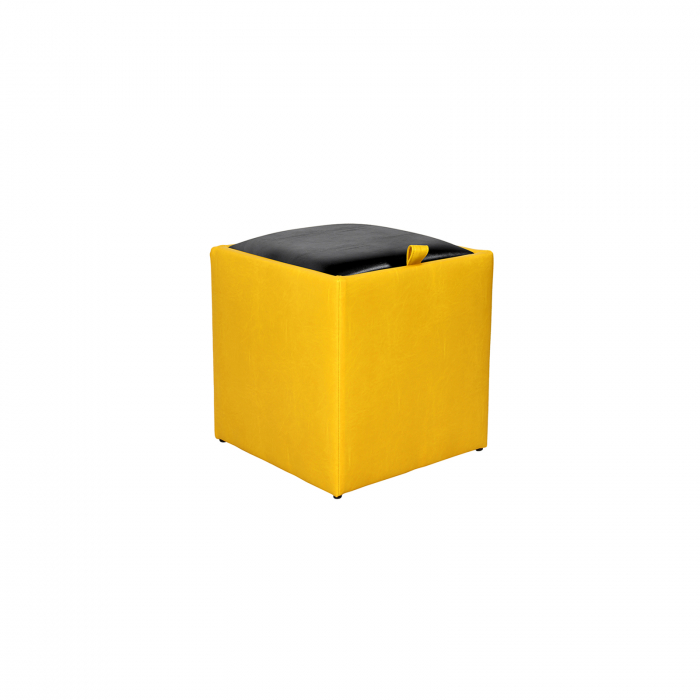 Taburet BOX, cu spatiu depozitare, imitatie piele, galben + negru, 37x37x41 cm