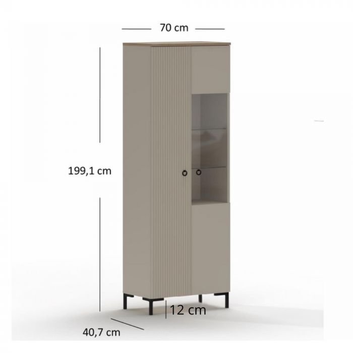 Vitrina DOMINICA, 2 usi, geam, taupe + stejar silverjack, 70x41x199 cm [3]