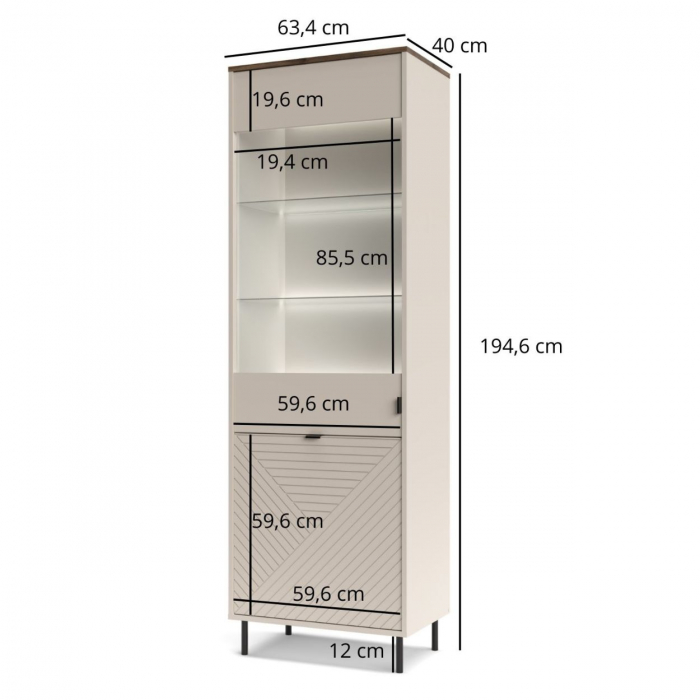 Vitrina EVO, 2 usi, geam, casmir + stejar castello, 63,4x40x194,6 cm [5]