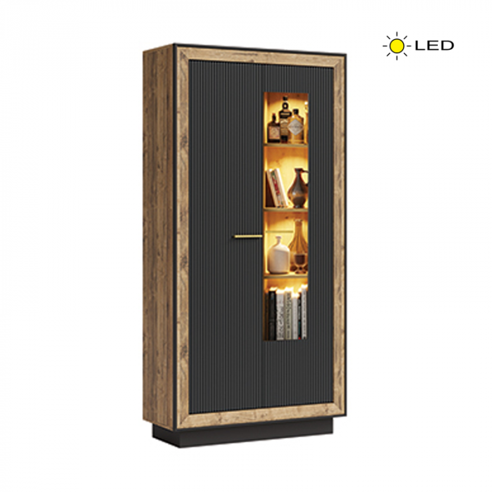 Vitrina FOX2, 2 usi, lumini LED, corp eger, fronturi MDF eger + negru, 95x39x201 cm