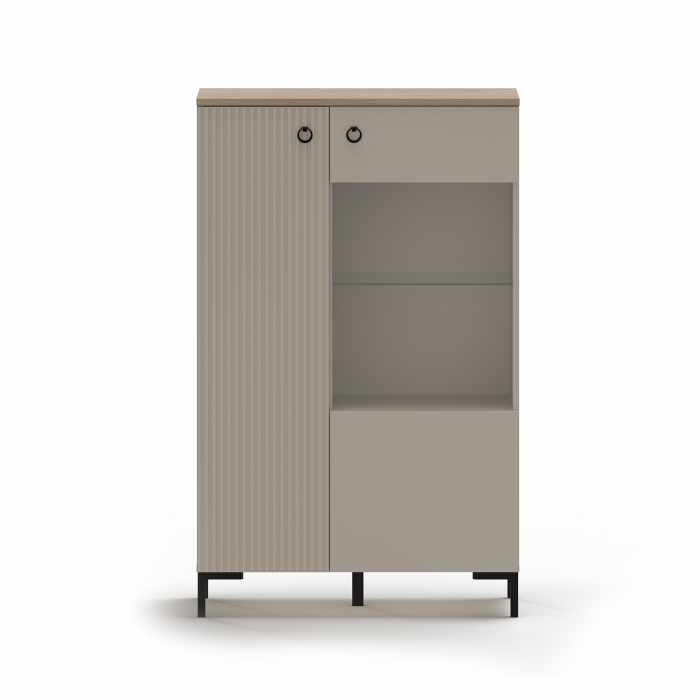 Vitrina joasa DOMINICA, 2 usi, geam, taupe + stejar silverjack, 85,5x41x137 cm