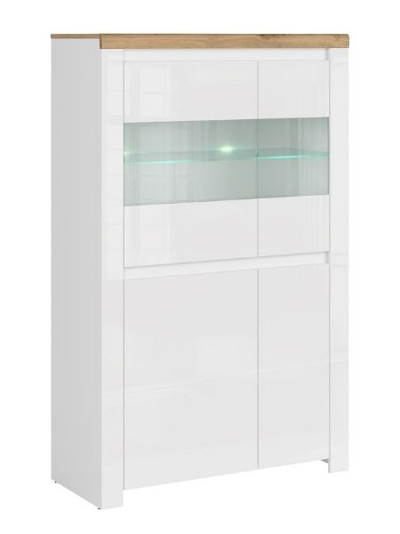 Vitrina joasa VIGO, 4 usi, geam, alb + stejar wotan, 98x41,5x156,5 cm