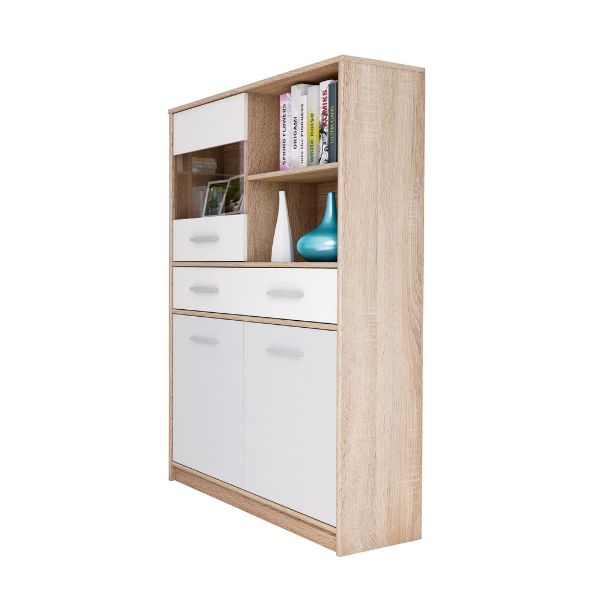Vitrina TIPS, 3 usi, 1 sertar, geam, stejar sonoma + alb, 83,4x34,3x144,7 cm [2]