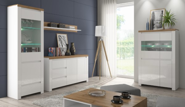 Vitrina VIGO, 2 usi, 1 sertar, geam, alb + stejar wotan, 68x41,5x202 cm [6]