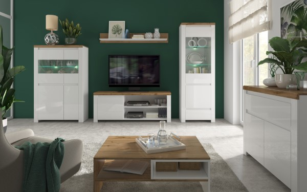 Vitrina VIGO, 2 usi, 1 sertar, geam, alb + stejar wotan, 68x41,5x202 cm [5]