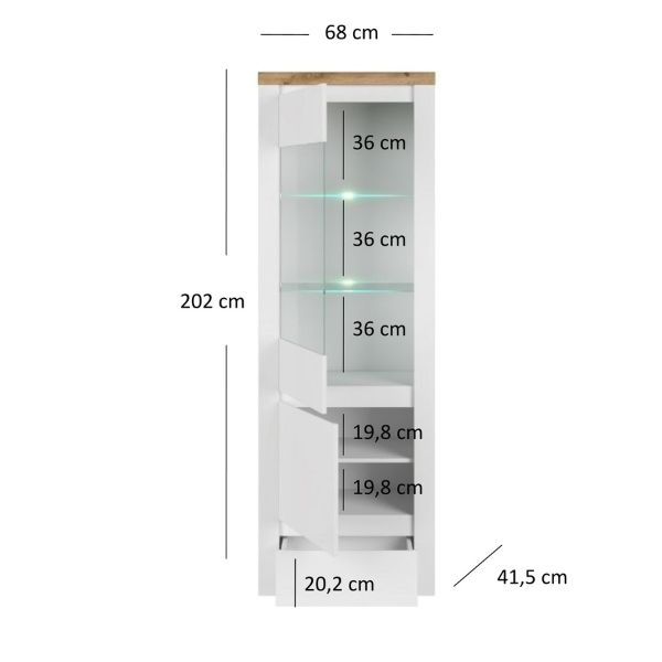 Vitrina VIGO, 2 usi, 1 sertar, geam, alb + stejar wotan, 68x41,5x202 cm [4]