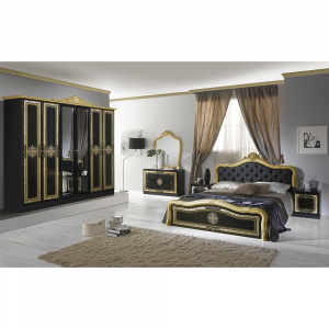 Set Dormitor LUISA, 5 piese, pat 160x200 cm, dulap 6 usi, comoda cu oglinda, 2 noptiere, corp negru, fronturi auriu
