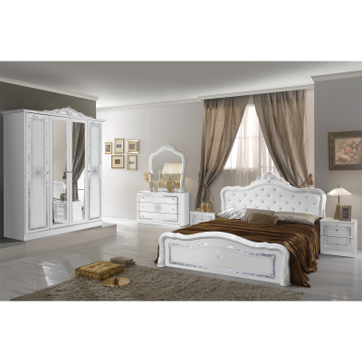 Set Dormitor LUISA, 5 piese, pat 160x200 cm, dulap 4 usi, comoda cu oglinda, 2 noptiere, corp alb, fronturi argintiu