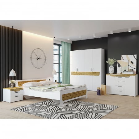 Set Dormitor MILANA, 5 piese, pat 160x200 cm, dulap 4 usi, comoda, 2 noptiere, corp PAL alb, fronturi PAL alb cu decor MDF - ExpoMob [0]