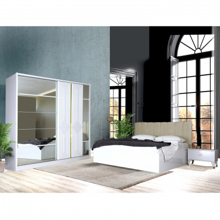 Set Dormitor LUCKY, 5 piese, pat 160 x 200 cm, dulap usi glisante, comoda, 2 noptiere, corp alb, fronturi alb - ExpoMob [0]