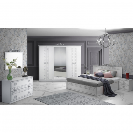 Set Dormitor OLIMP, 5 piese, pat 160x200 cm, dulap 6 usi, comoda cu oglinda, 2 noptiere, corp alb, fronturi argintiu
