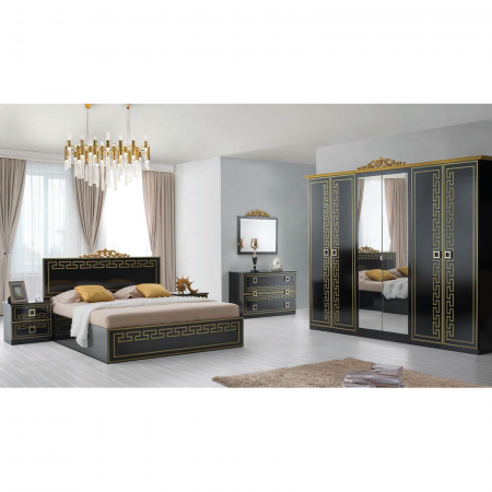 Set Dormitor OLIMP, 5 piese, pat 160x200 cm, dulap 6 usi, comoda cu oglinda, 2 noptiere, corp negru, fronturi auriu