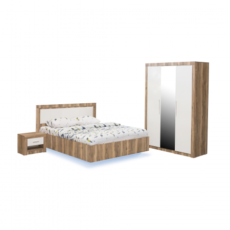Set dormitor OSLO, 4 piese, pat 160x200 cm cu banda led, dulap 3 usi, 2 noptiere, bengala + alb lucios