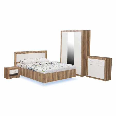 Set dormitor OSLO, 5 piese, pat 160x200 cm cu banda led, dulap 3 usi, comoda, 2 noptiere, bengala + alb lucios