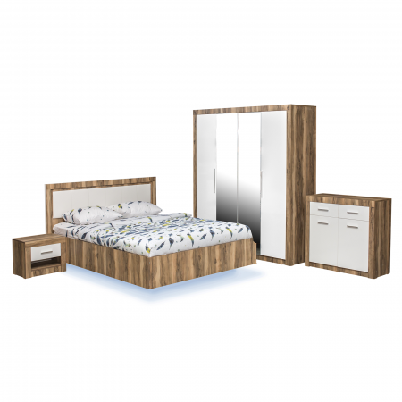 Set dormitor OSLO, 5 piese, pat 160x200 cm cu banda led, dulap 4 usi, comoda, 2 noptiere, bengala + alb lucios