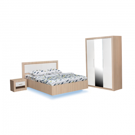 Set dormitor OSLO, 4 piese, pat 160x200 cm cu banda led, dulap 3 usi, 2 noptiere, kiruna + alb lucios