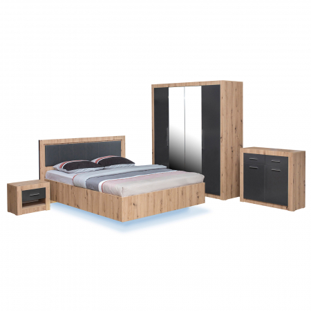 Set dormitor OSLO, 5 piese, pat 160x200 cm cu banda led, dulap 4 usi, comoda, 2 noptiere, artisan + gri antracit