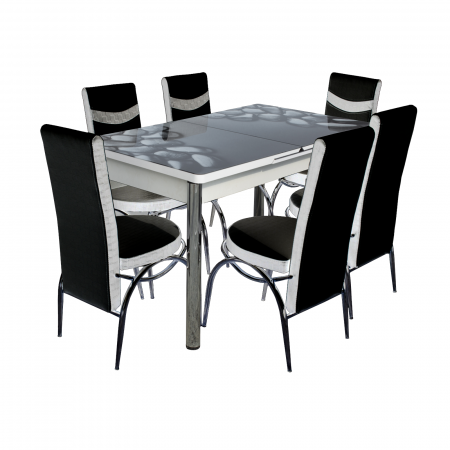 Set Lara, masa extensibila cu 6 scaune, negru + gri, 130/165x80x65 cm