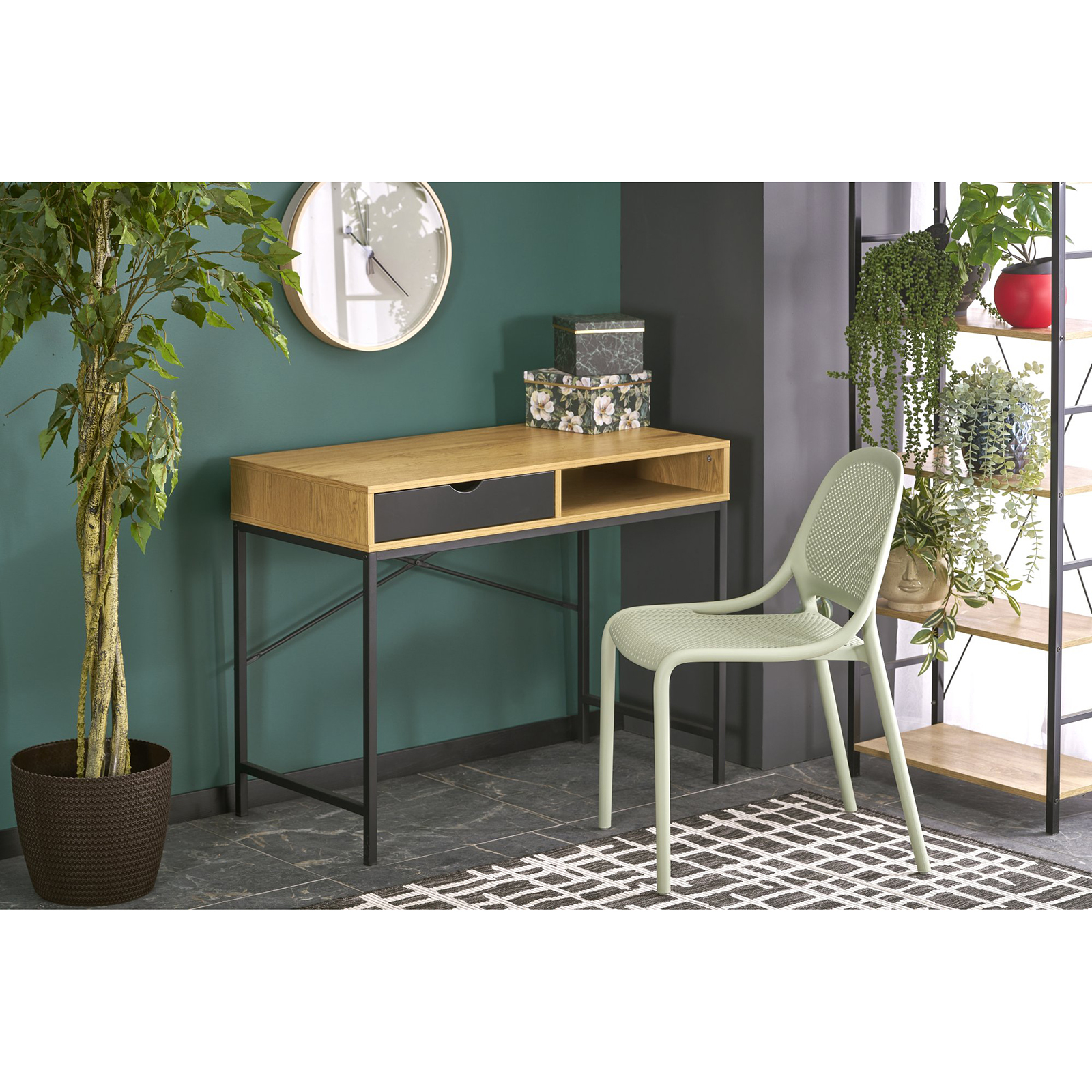 Birou B 50, cu rafturi depozitare, stejar + negru, 95x48x76 cm Stejar + Negru