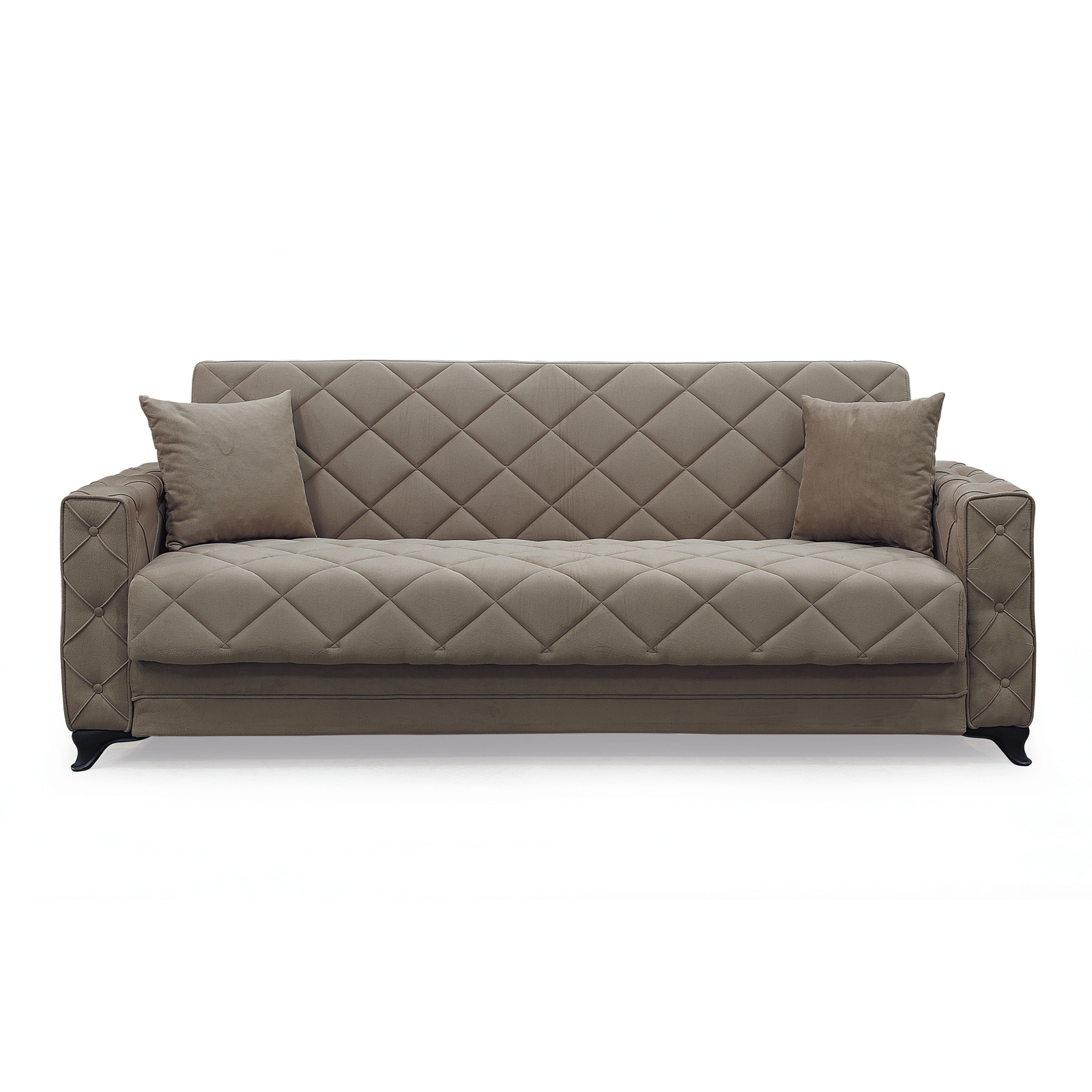 Canapea extensibila HEGEL, 3 locuri, cu arcuri si lada pentru depozitare, maro, 228x85x85 cm Brațe, Șezut, Spătar, Perne : Stofă maro (10-003)