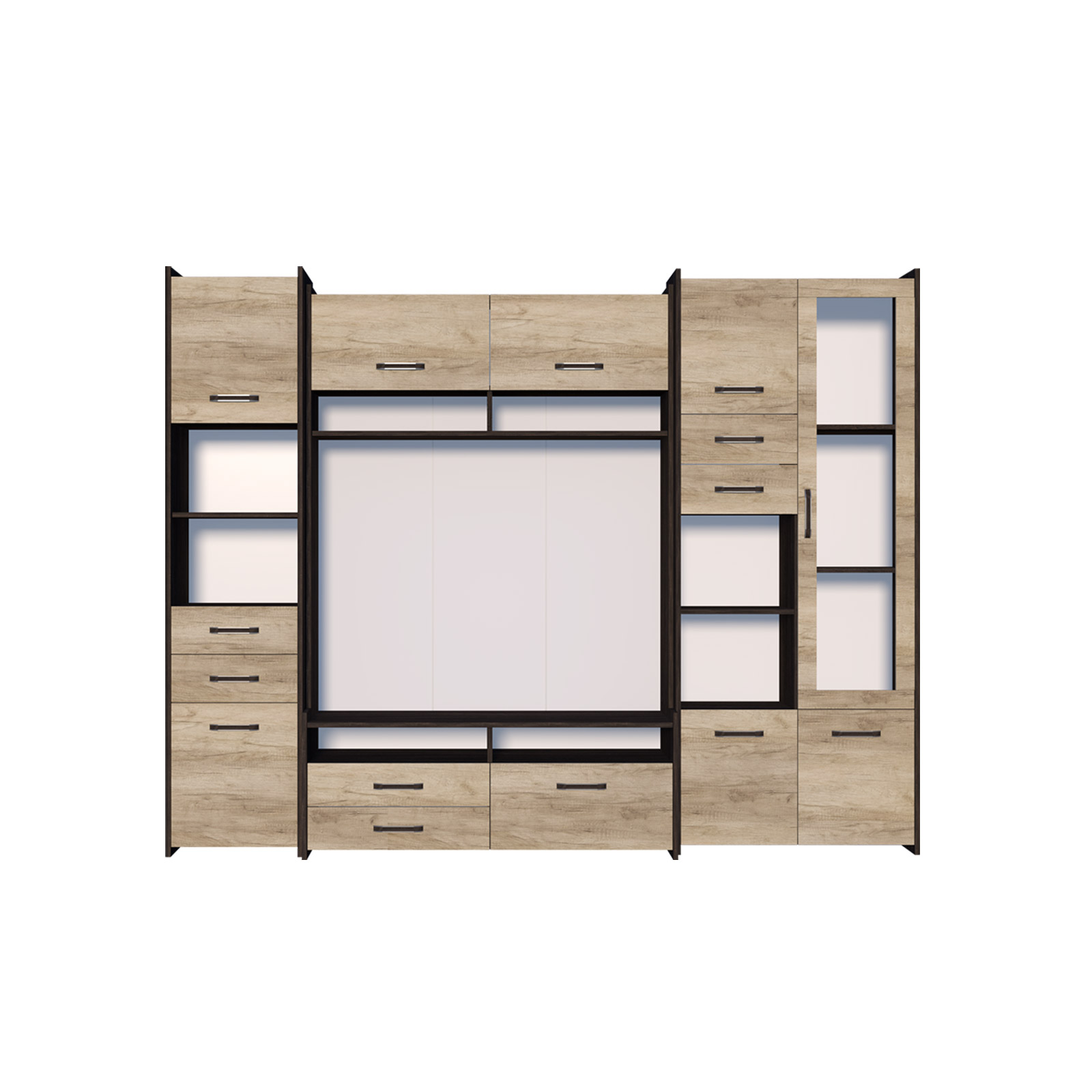Living MOKKA II, 3 corpuri, corp PAL maro inchis, fronturi PAL stejar, 232x53x200 cm