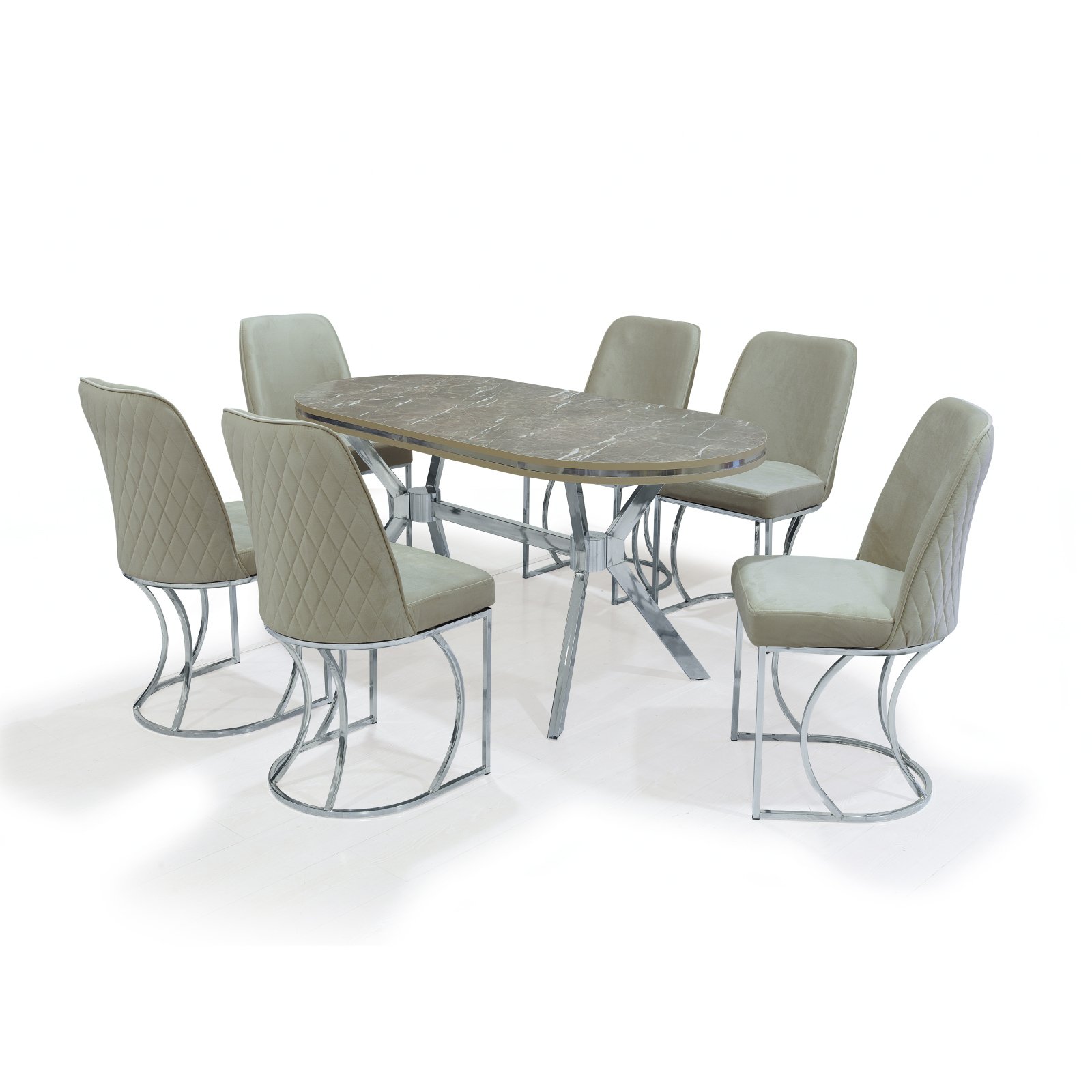 Set TIMARA, masa cu 6 scaune, ovala, 6 persoane, marmura alanya + argintiu + bej, 160x80 cm 308