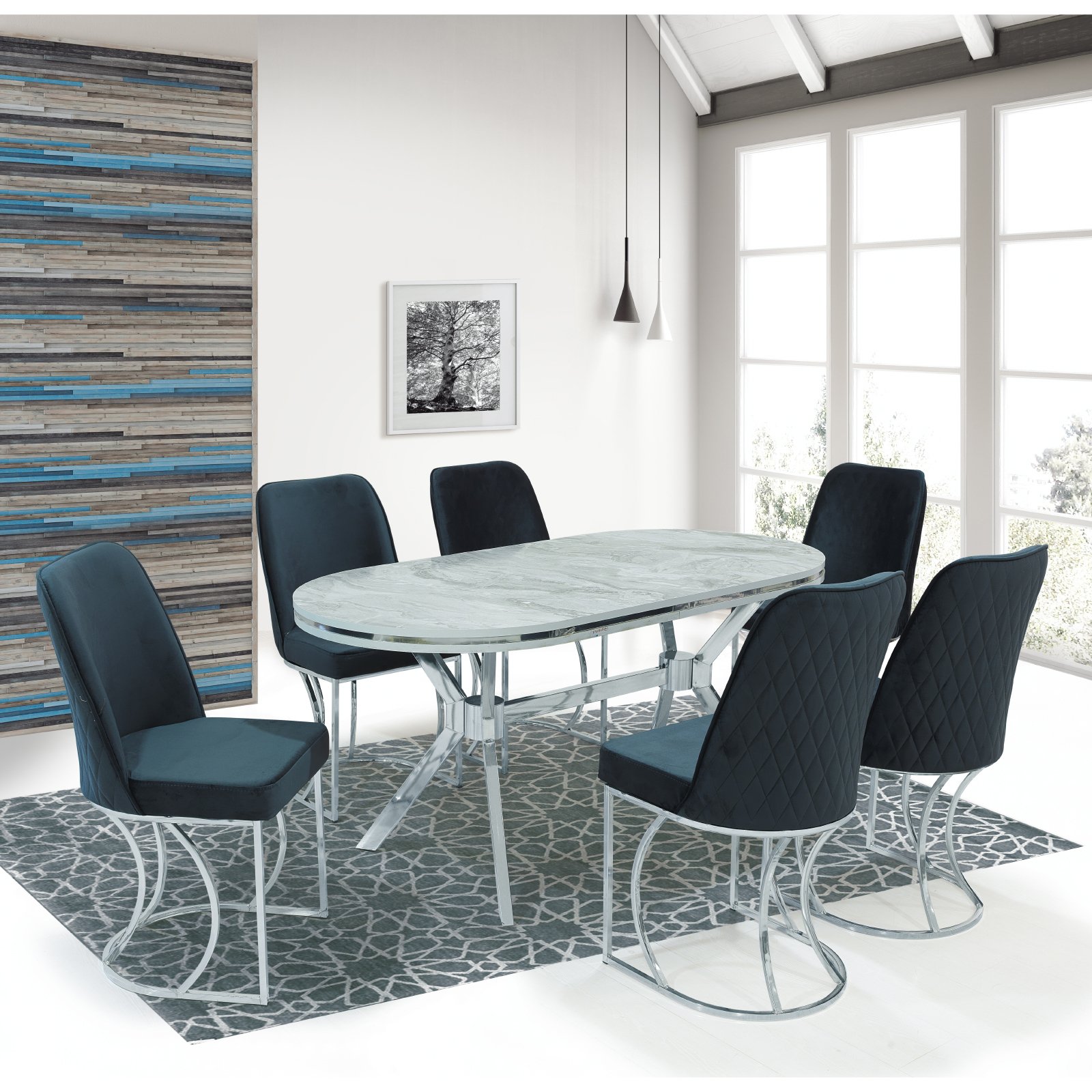 Set TIMARA, masa cu 6 scaune, ovala, 6 persoane, marmura bermuda + argintiu + gri, 160x80 cm 305