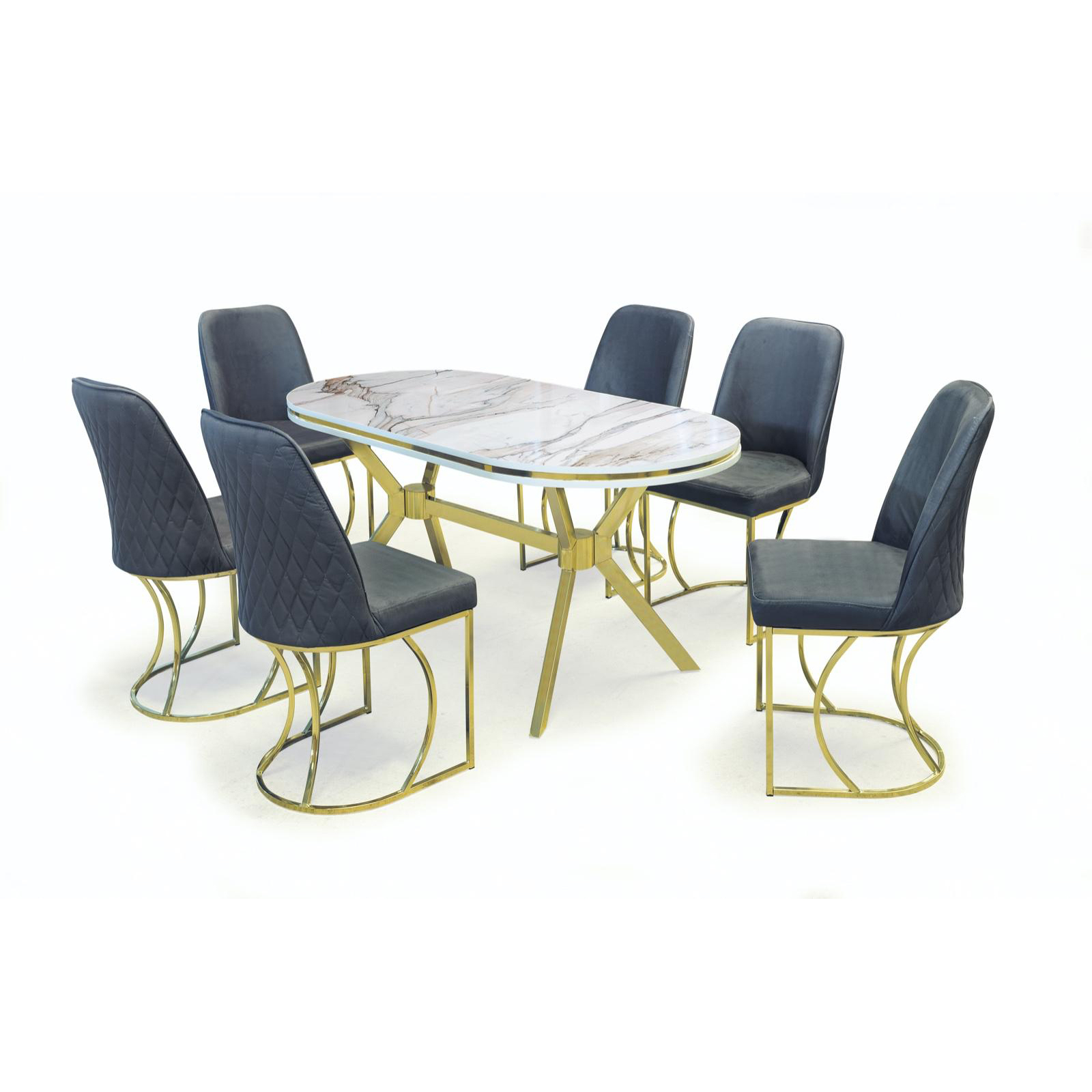 Set TIMARA, masa cu 6 scaune, ovala, 6 persoane, marmura + auriu + gri, 160x80 cm 303