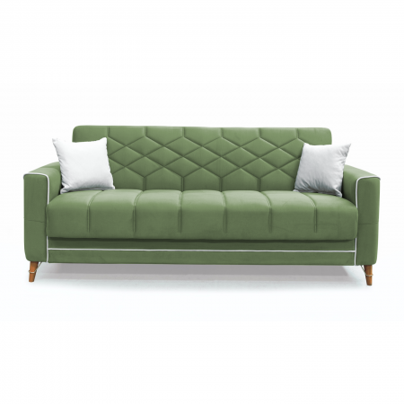 Canapea extensibila ALICE ONE, 3 locuri, cu arcuri si lada pentru depozitare, verde + crem, 225x85x85 cm