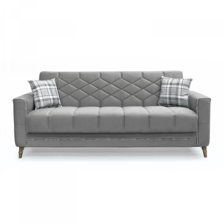 Canapea extensibila ALICE ONE, 3 locuri, cu arcuri si lada pentru depozitare, gri + print, 225x85x85 cm