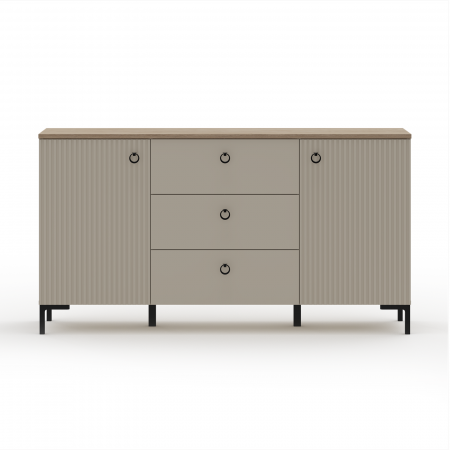 Comoda DOMINICA, 2 usi, 3 sertare, taupe + stejar silverjack, 150x41x81 cm