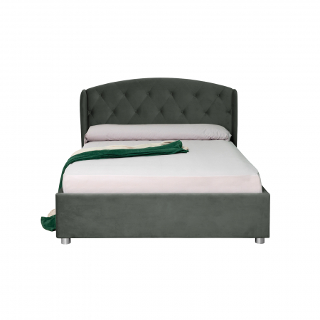 Pat tapitat ROUND, cu somiera rabatabila, spatiu depozitare, gri inchis, 160x200 cm