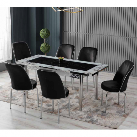 Set LION SILVER, masa extensibila cu 6 scaune, dreptunghiulara, marmura + argintiu + negru, 130/170x80x75 cm