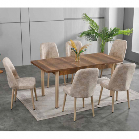Set LION WOOD, masa extensibila cu 6 scaune, dreptunghiulara, maro + bej, 130/170x80x75 cm