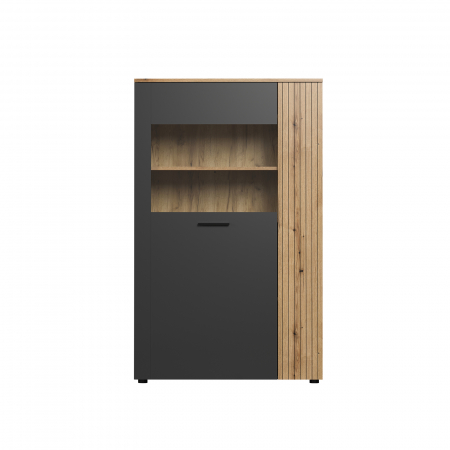 Vitrina joasa ESTEBAN, 2 usi, geam, grafit + stejar evok, 90,4x42x146 cm