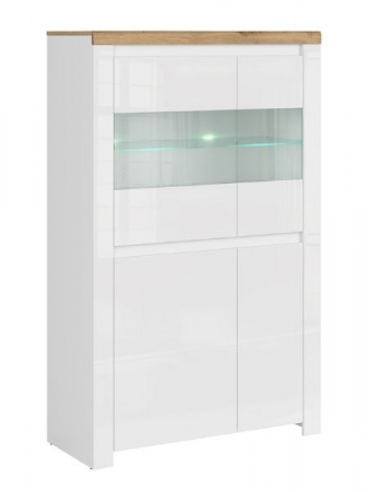 Vitrina joasa VIGO, 4 usi, geam, alb + stejar wotan, 98x41,5x156,5 cm