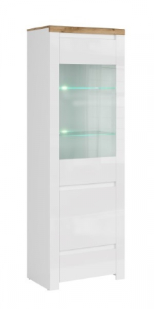 Vitrina VIGO, 2 usi, 1 sertar, geam, alb + stejar wotan, 68x41,5x202 cm