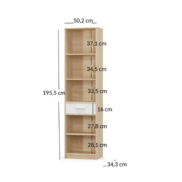 Colectia TIPS - Biblioteca deschisa TIPS, 1 sertar, stejar sonoma + alb, 50,2x34,3x195,5 cm