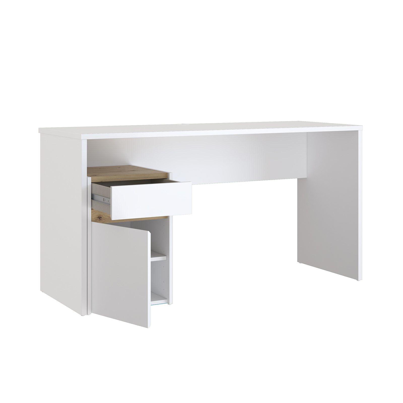 Back to School - Birou SURIA, cu usa si un sertar, alb + stejar artisan, 140x53x73 cm
