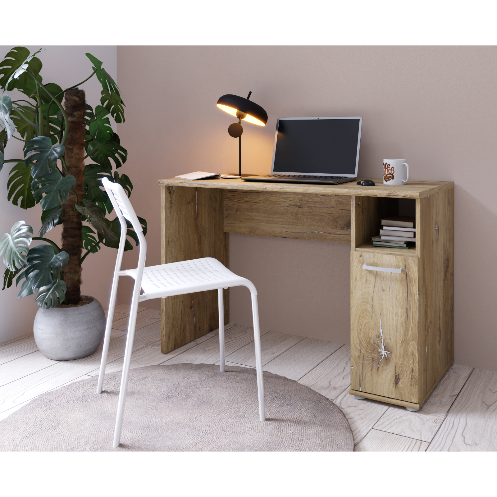 Mobila Birou - Birou NIKO PAN, cu usa si spatiu depozitare, stejar deschis Flagstaff, 110x51x73,5 cm