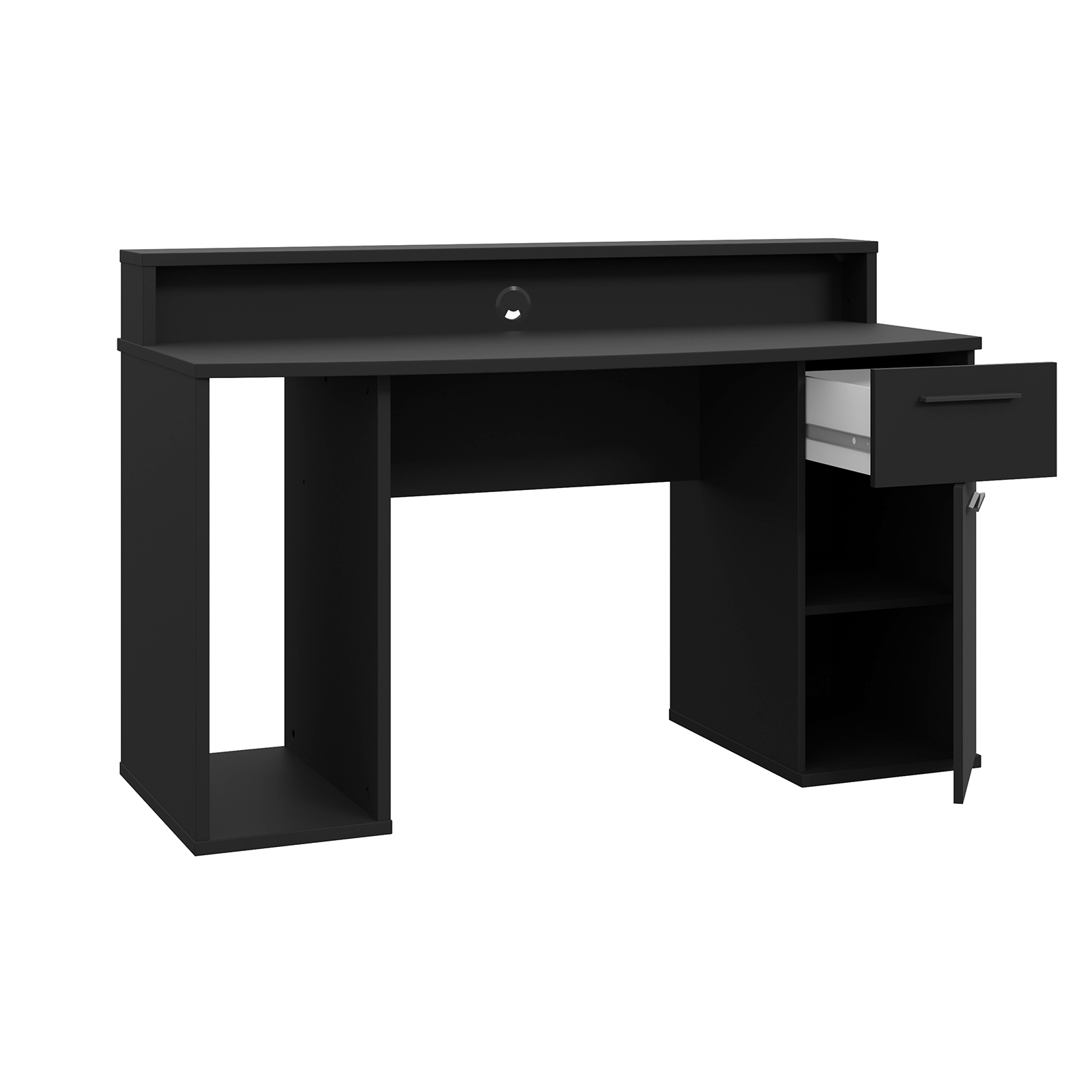 Back to School - Birou TINA, cu LED, usa, sertar, spatiu depozitare, negru mat, 140x65x91 cm