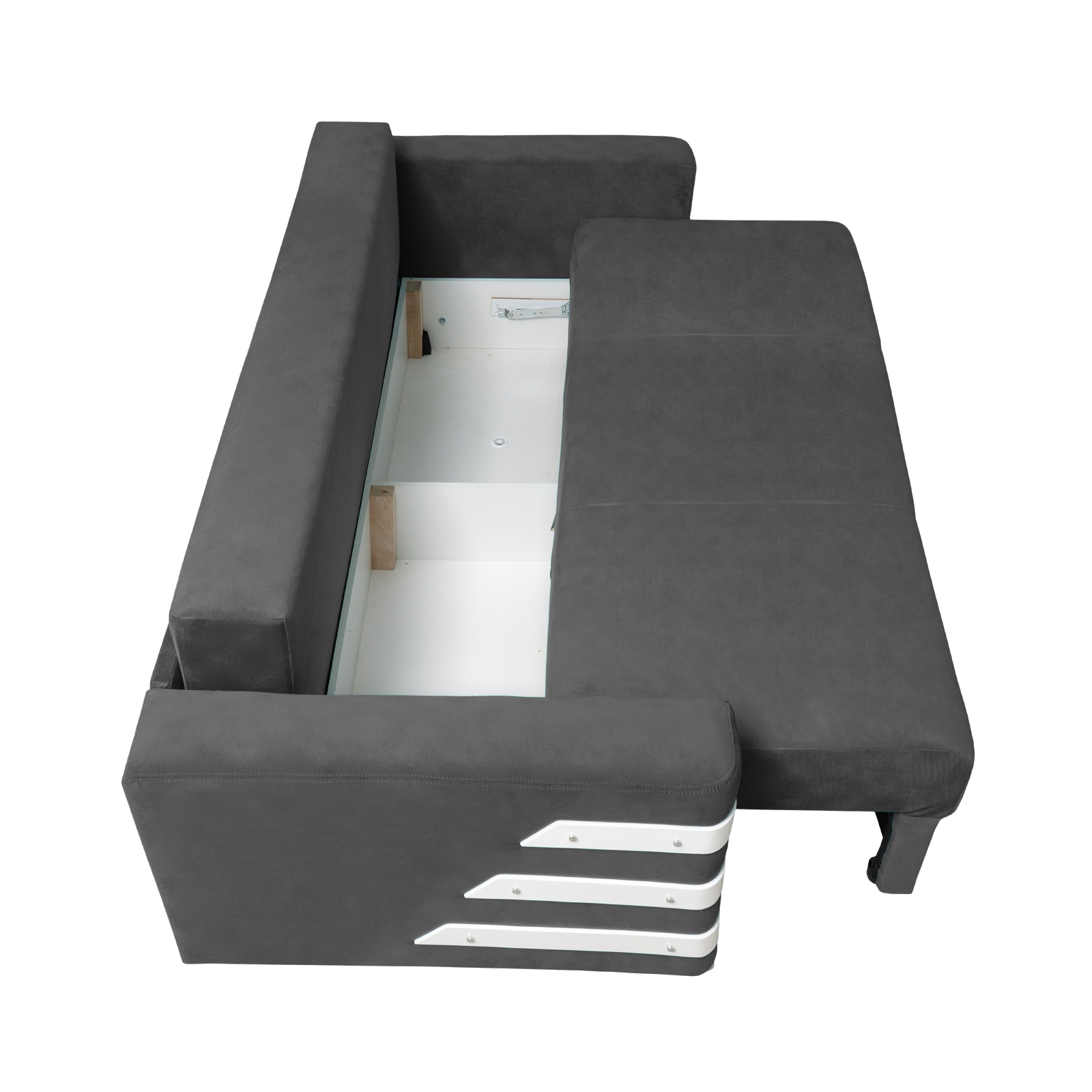 Promo - Canapea LIMA extensibila, 3 locuri, cu arcuri si lada depozitare, gri inchis + ornamente alb, 230x110x80 cm