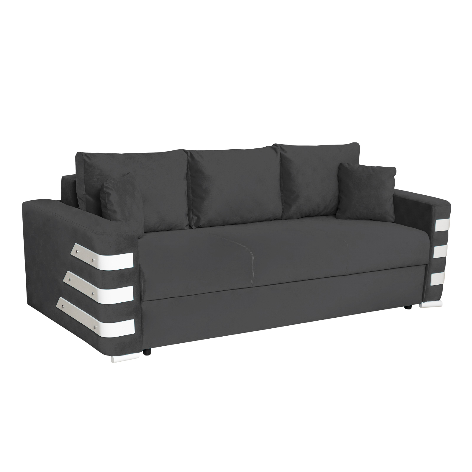 Promo - Canapea LIMA extensibila, 3 locuri, cu arcuri si lada depozitare, gri inchis + ornamente alb, 230x110x80 cm