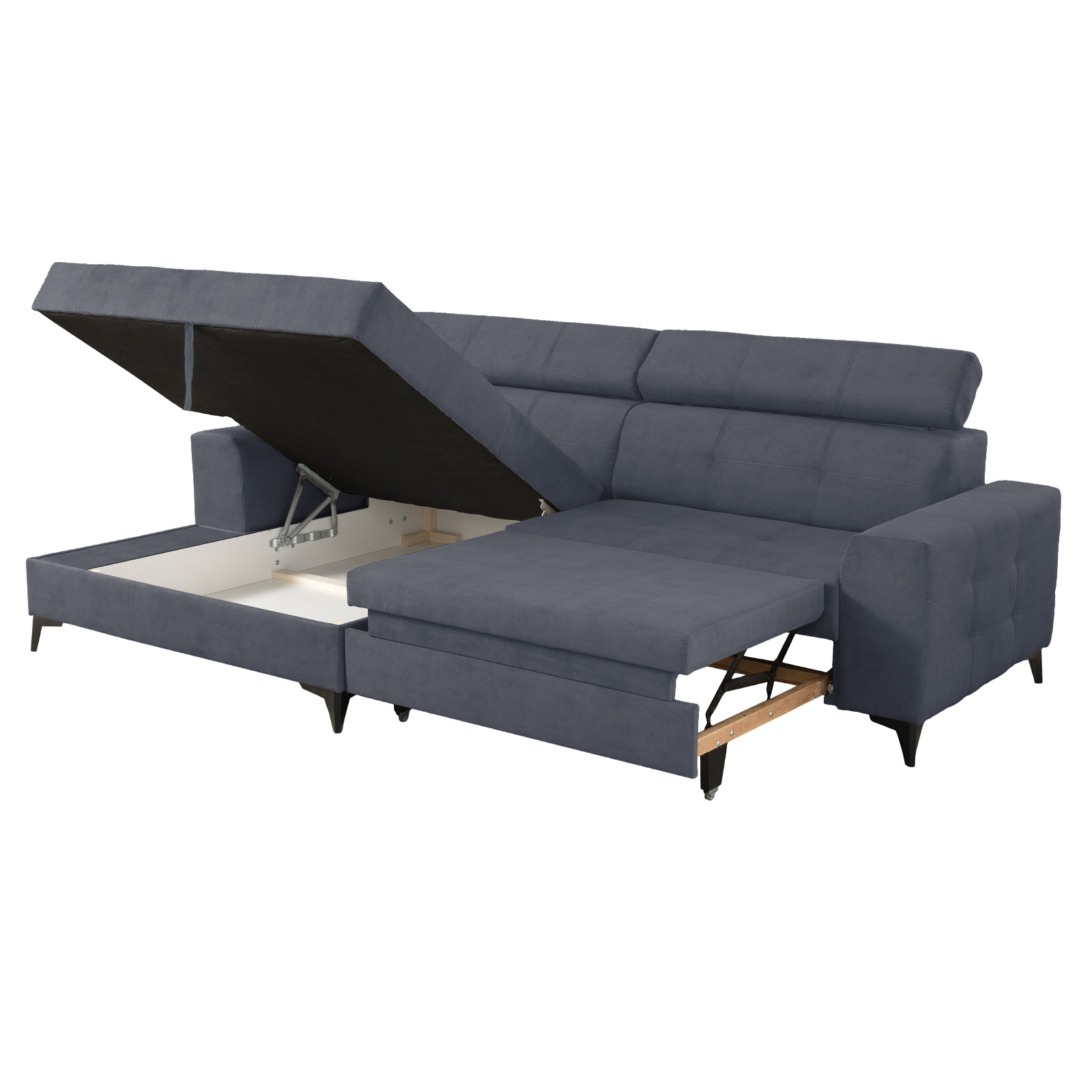 Coltare Moderne - Coltar FLORIDA ONE L extensibil, cu arcuri si lada depozitare, colt stanga, albastru petrol, 275x175x92 cm