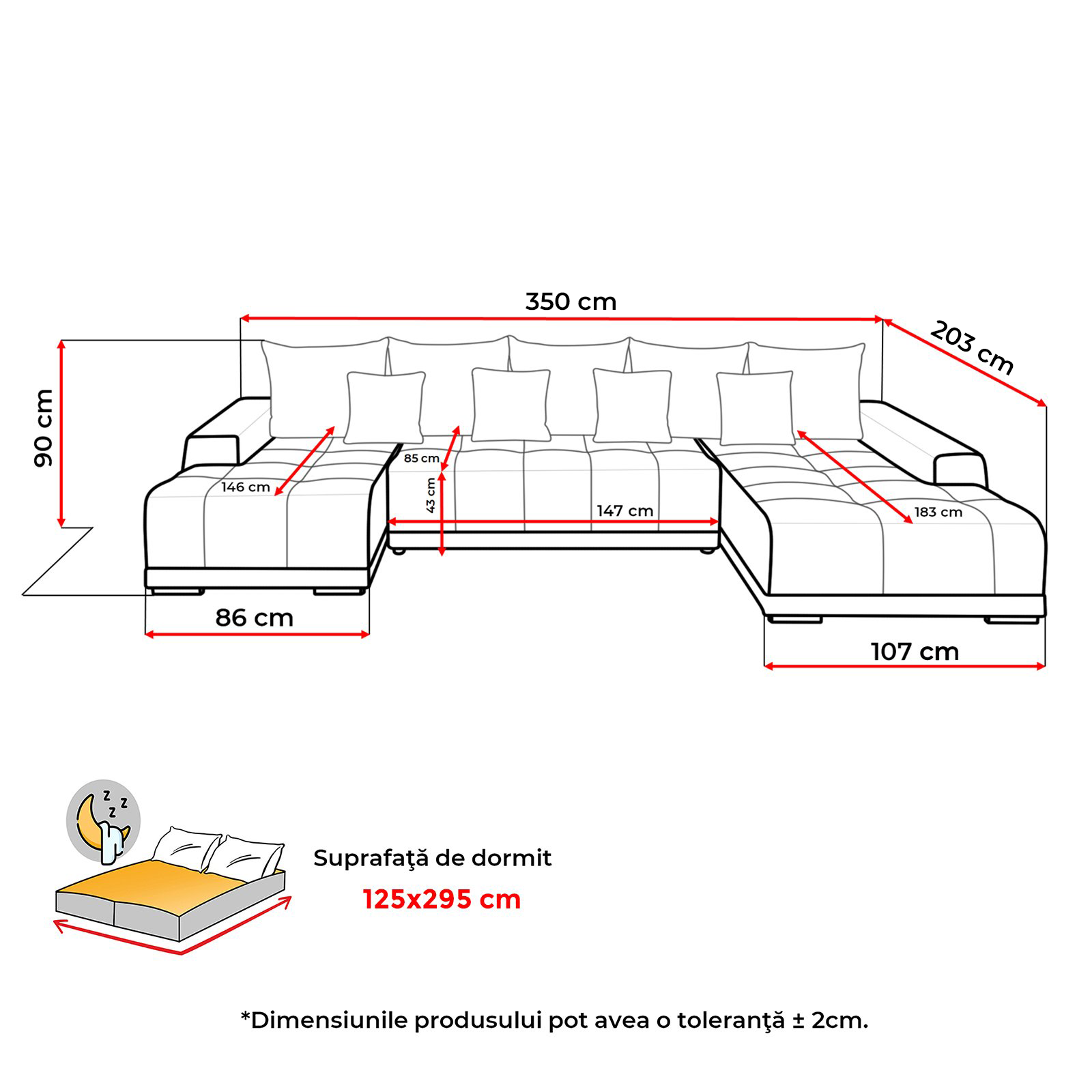Produs în România - Coltar MARIBO U extensibil, cu arcuri si lada depozitare, colt dreapta, 350x203x90 cm - ExpoMob