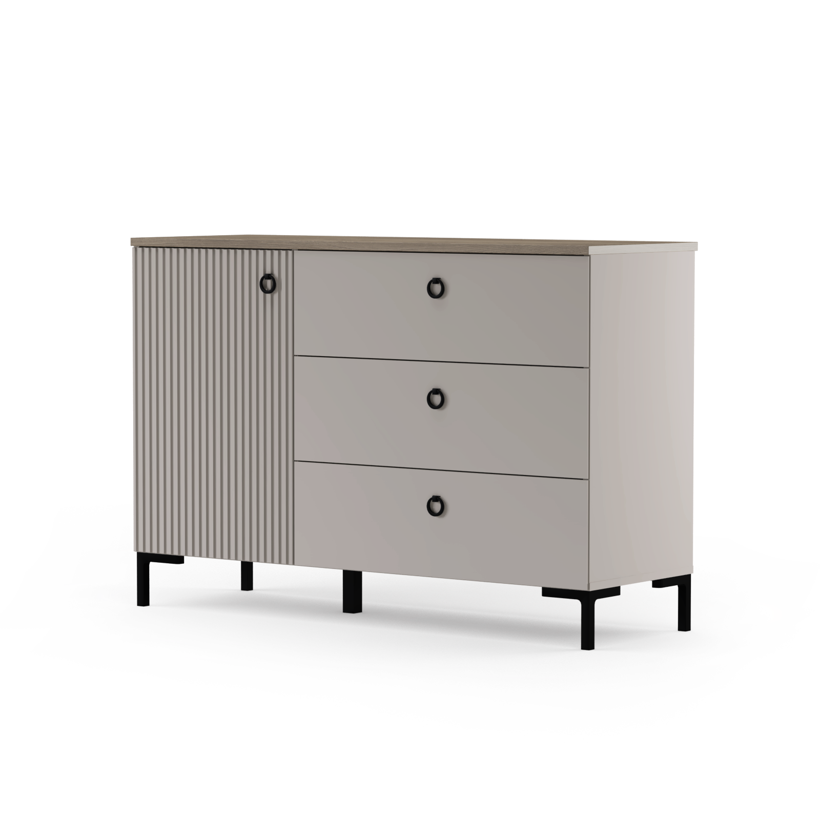 Colectia DOMINICA - Comoda DOMINICA, 1 usa, 3 sertare, taupe + stejar silverjack, 120x41x81 cm