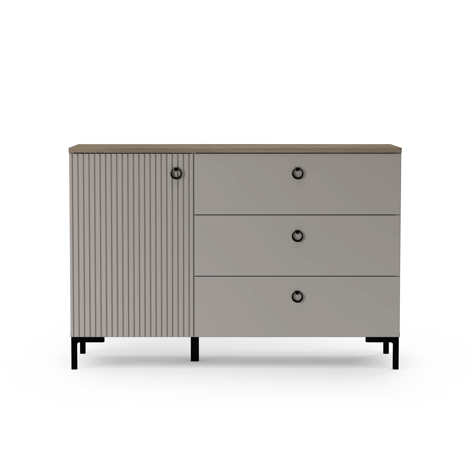 Colectia DOMINICA - Comoda DOMINICA, 1 usa, 3 sertare, taupe + stejar silverjack, 120x41x81 cm