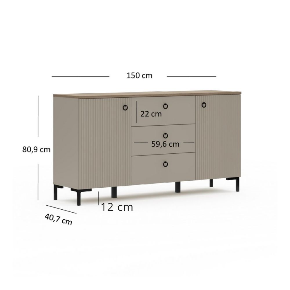 Comode - Comoda DOMINICA, 2 usi, 3 sertare, taupe + stejar silverjack, 150x41x81 cm