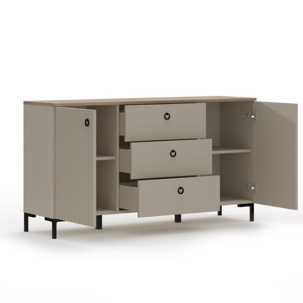 Comode - Comoda DOMINICA, 2 usi, 3 sertare, taupe + stejar silverjack, 150x41x81 cm