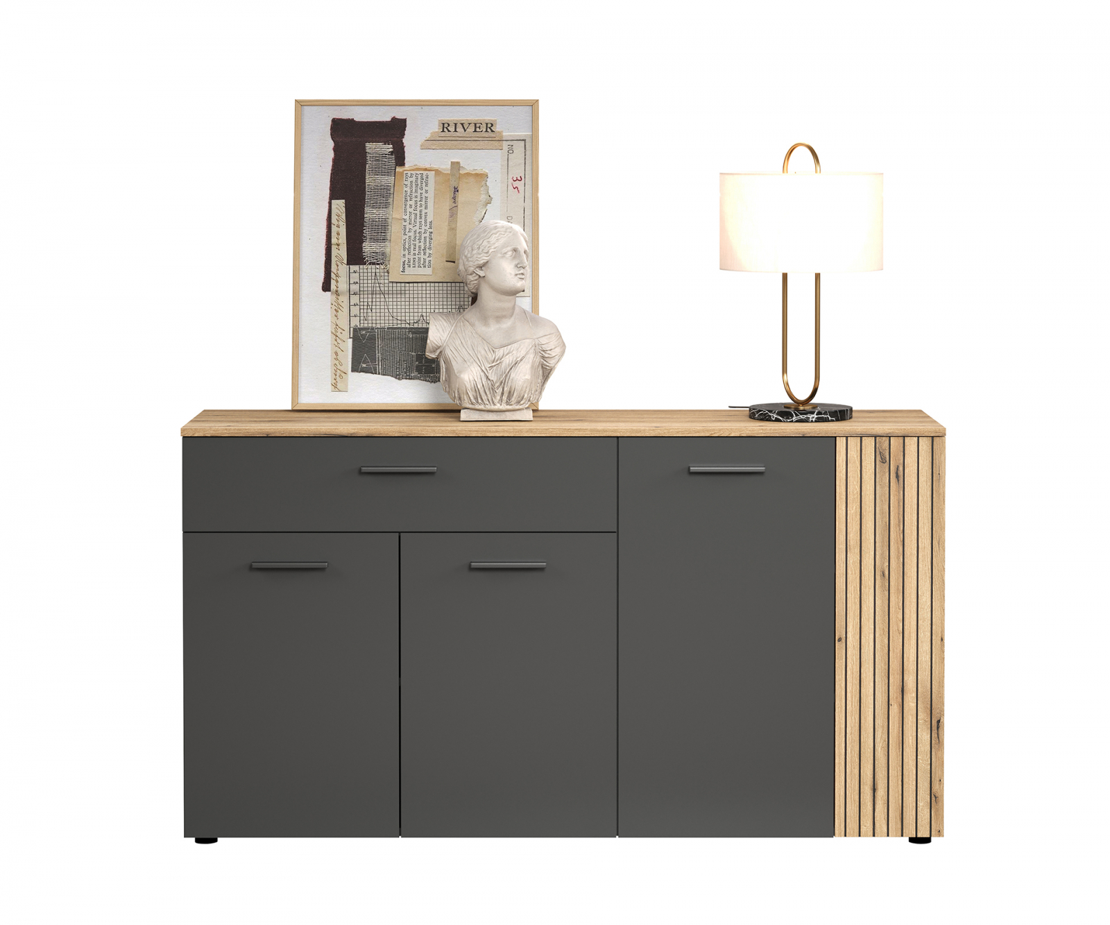 Colectia ESTEBAN - Comoda ESTEBAN, 4 usi, 1 sertar, grafit + stejar evok, 150x42x83 cm